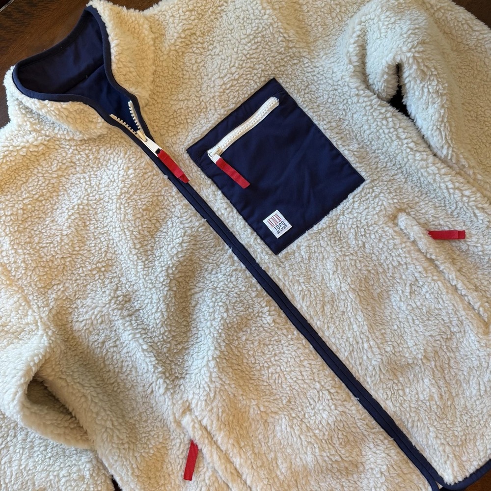 Topo Designs Jacket Mens Large White Navy Reversible Sherpa Fleece Huckberry
